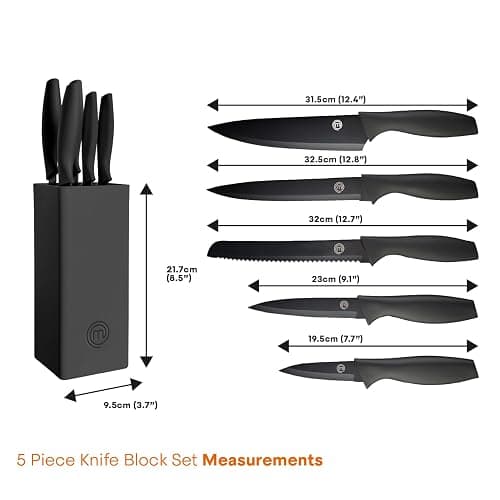 MasterChef Knife Set with Block, 5 Kitchen Knives with Sharp Stainless Steel Blades (Chef, Paring, Utility, Carving, Bread) Soft Touch Easy Grip Handles & Universal Knife Holder, Essential Black - Essential thumbnail 3