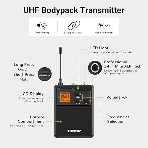 TONOR UHF Mikrofon Kabellos Set mit Headset Kopfbügel Funkmikrofon/Lavalier Ansteckmikrofonen Bodypack Transmitter, Empfänger, 6,35mm Ausgang 60 m Reichweite für Live-Auftritte, TW621, 1 Mikrofon thumbnail 3
