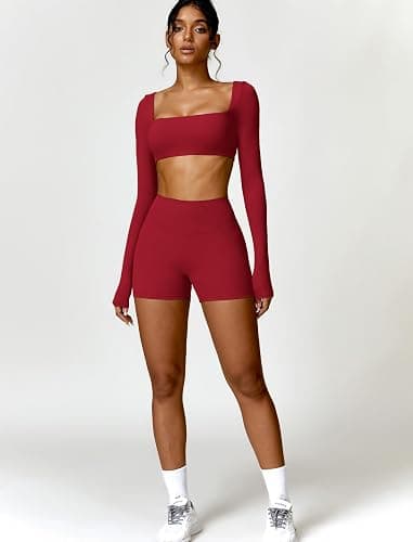 ABOCIW Workout Sets for Women 2 Piece Square Neck Long Sleeve Crop Tops High Waist Biker Shorts Gym Sets thumbnail 6