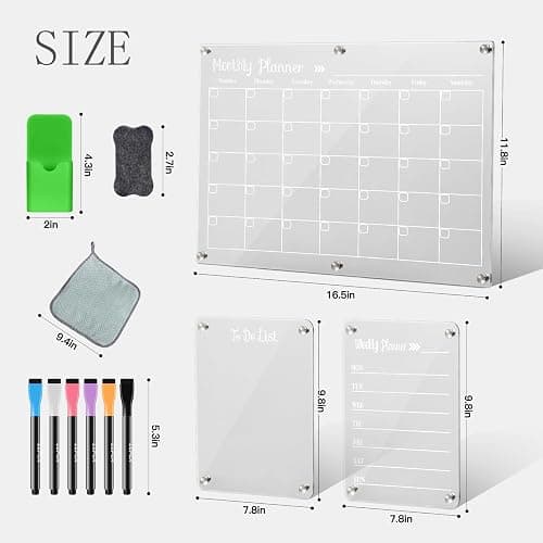 LCPCX Acrylic Magnetic Dry Erase Board for Fridge，Set of 3 Transparent Planning Boards for Monthly Calendar, Weekly Includes 6 Dry Erase Markers, 1 Eraser and Magnetic Pen Holder thumbnail 2