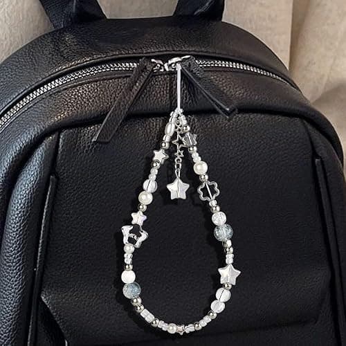 Silver Star Phone Chain Pearl Beaded Phones Charm Cute Cellphone Lanyard Wrist Strap for Key Cellphone Wristlet Phone Case Charms Beaded Keychain Wristlet Bag Charm for Handbag Keychain Accessories thumbnail 5