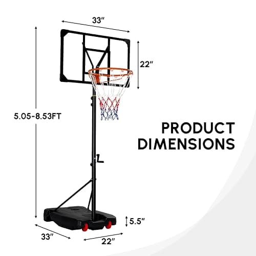 PEXMOR 5.05-8.53FT Portable Basketball Hoop, Adjustable to Any Height Easily, 33" Backboard for Teenagers, with Fillable Base & Wheels, Basketball Goal for Outdoor, Indoor, Backyard, Driveway thumbnail 9