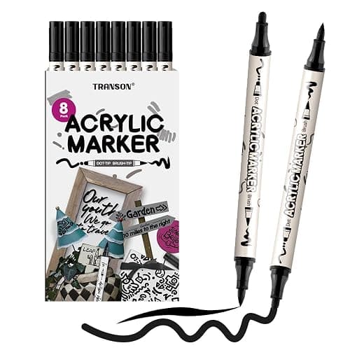 TRANSON 8 Pack Black Brush and Bold Dual-tip Acrylic Paint Marker for DIY Glass Canvas Wood Leather Ceramic Rock Painting - Image 1