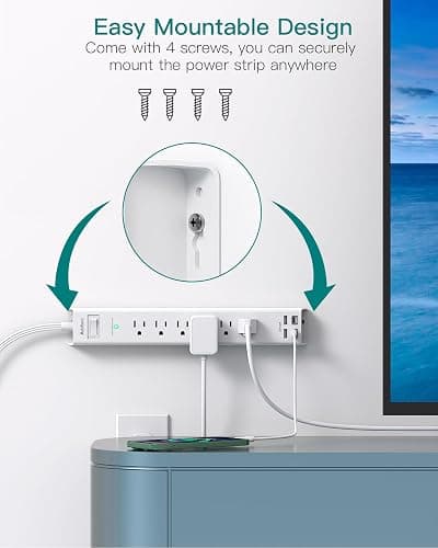 Power Strip Surge Protector - Addtam Extension Cord with 6 AC Outlets and 4 USB Ports (2 USB-C), Flat Plug Extension Cord, Wall Mount for Home, Office, College Dorm Essentials, ETL Listed, White thumbnail 6
