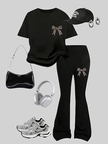 xueteox Girls Long Sleeve Sweatshirt 2 Piece, Bow Graphic Top and Pants Spring Fall Fashion Casual Clothes. thumbnail 7