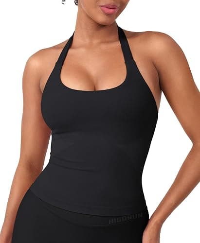HIGORUN Halter Impact Tank Tops for Women Y2K Workout Longline Crop Tops with Built in Bras Open Back Going Out Gym Top - Image 1