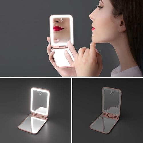 Kintion 1X/3X Pocket Mirror, 3 Color Lighting LED Compact Mirror (Pink) | Rechargeable Dimmable Travel Mirror for Purse, Portable, Folding, Handheld, Small Lighted Mirror for Women Gift thumbnail 3