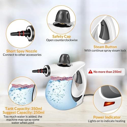 Handheld Pressurized Steam Cleaner with 12 pcs Accessories, Steamer for Cleaning, Steam Cleaner for Home Use, Steamer for Cleaning Car, Furniture, Floor, Upholstery, Grout and Tile, Deep Gray thumbnail 4