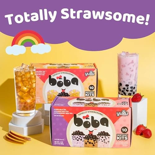 Boba Bundle Kit 10 Serv. Instant Bubble Pearl Variety Milk Tea Kit with Authentic Brown Sugar Tapioca Pearls by Yulu Foods - Ready in Under 1 Minute, Includes Paper Straws - Gift Box, Holiday (Classic, Taro and Strawberry) thumbnail 9