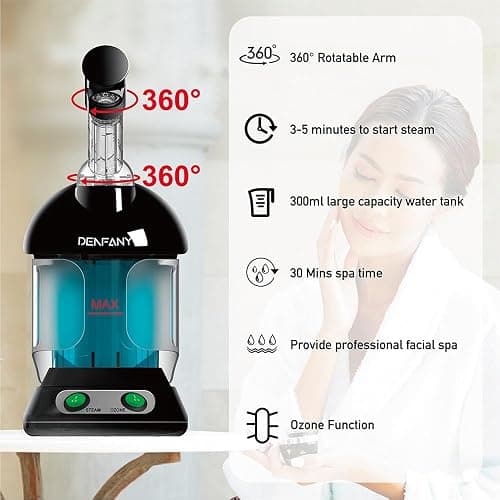 Facial Steamer - DENFANY Nano Ionic Face Steamer with Extendable 360° Rotating Arm - Portable Facial Steamer for Personal Care at Home or Salo （Black） thumbnail 5
