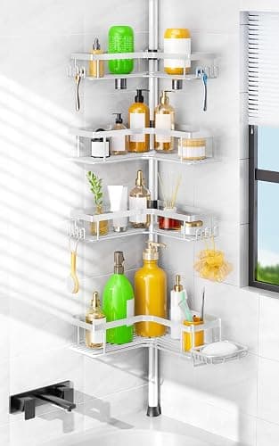 HAMITOR 4-Tier Bathtub Shower Caddy, Tension Pole Corner Shelves, White | Rustproof L-Shaped Adjustable Organizer, No-Drill Bathroom Accessories with Hooks, Space-Saving For Apartment, Renters - Image 1