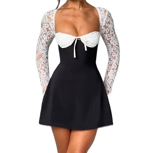 FeMereina Women 's Elegant Lace Long Sleeve Dress Lace Patchwork Low Cut Mini Dress Backless Tie-up Going Out Dress thumbnail 3