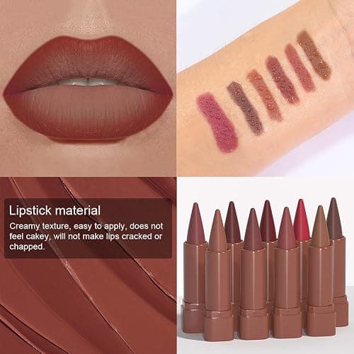 evpct 6Pcs Warm Red Brown Nude Maroon Dark Wine Gradient Matte Lipstick Lip Liner Crayon Combo Pencil Set for Women, Longwear Cream Lipliner and Lipstick Combo Makeup, Flawless Lip Bar Ombre Effect thumbnail 4