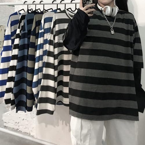 LAVASEON Harajuku Oversized Striped T-Shirt Long Sleeve Crew Neck Casual Matching Couple Streetwear Pullover thumbnail 3