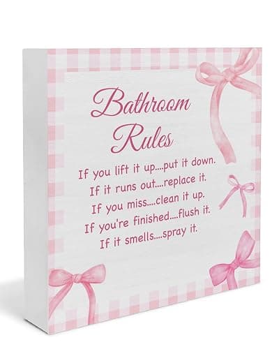 Pink Bow Bathroom Decor, Girls Bathroom Rules Rustic Wooden Box Sign, Little Pink Restroom Decor Farmhouse Toilet Signs - Image 1