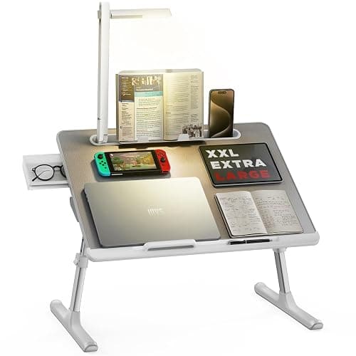 SAIJI Laptop Bed Tray Desk with LED Desk Light, Adjustable Laptop Stand for Bed, XX-Large PVC Leather Foldable Table with Book Stand, Wrist Rest, Extra Leg Room (Grey) - Image 1
