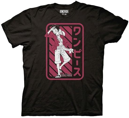 One Piece Men's Anime T-Shirt Monkey D. Luffy Salute W/Japanese Text On Red Officially Licensed - Image 1
