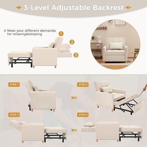 YODOLLA Pull Out Sleeper Chair Bed 80cm Single Sofa Armchair, Beige | 3-position reclining backrest, practical side storage pocket, space-efficient foldable guest sleeping design thumbnail 5