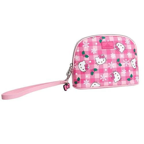 Impressions Vanity Hello Kitty Gingham Arch Makeup Bag for Women, Faux Leather Travel Toiletry Bag with Removable Wristlet Strap, Waterproof Reusable Inside Pocket Mini Cosmetic Organizer (Pink) thumbnail 4