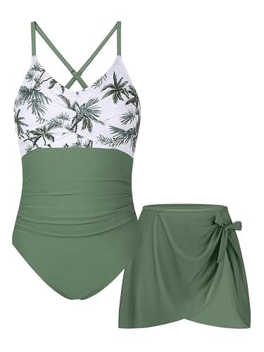 KOMEIANA 9-16Y Girls One Piece Swimsuit with Cover Up Spaghetti Strap Cutout Ruched Bathing Suit Criss Cross Straps Swimwear - Image 1