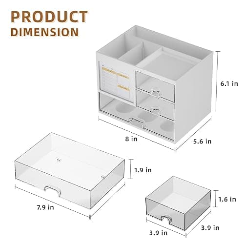Marbrasse Desk Organizer with 3 Drawer, Multi-Functional Pencil Pen Holder for Desk, Desk Organizers and Accessories with 4 Compartments, Desktop Organizer Storage for Office Home Art Supplies (White) thumbnail 3