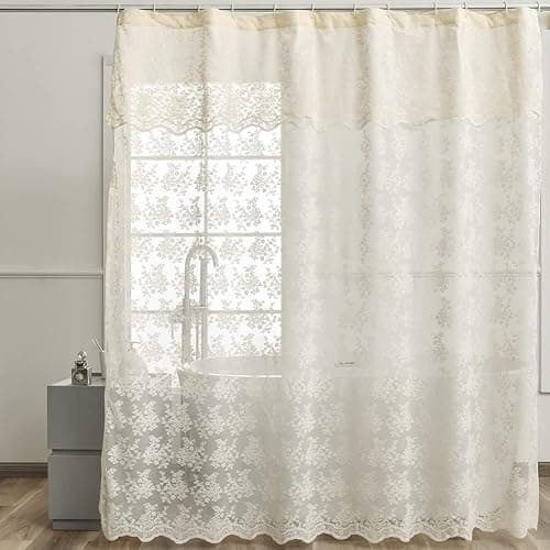 YJ YANJUN Ivory Lace Shower Curtain - Shabby Chic Flower Shower Curtain with Attached Valance, Luxury Lace for Bathroom, Farmhouse Bath Curtains, 72 x 72 Inch, Light Beige - Image 1