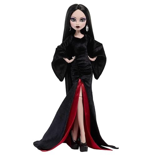 Monster High x Wednesday Doll, Morticia Addams Collectible in Black and Crimson Velvet Dress with Jewelry, Show-Inspired Heels and Doll Stand, JLK99 thumbnail 4