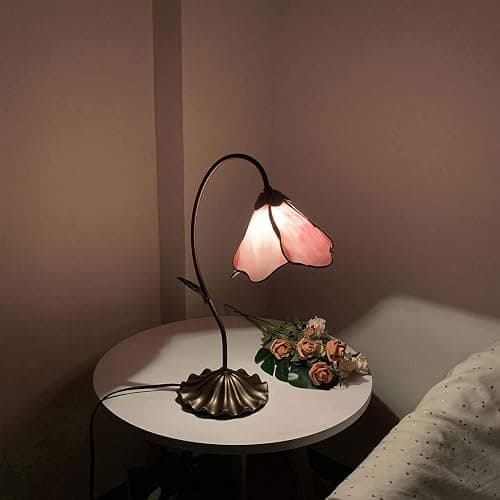 Bieye L10810 Flower Tiffany Style Stained Glass Table Lamp with 8-inch Wide Bent Glass Lampshade Lily Pad Base (1-Light, Pink) thumbnail 6
