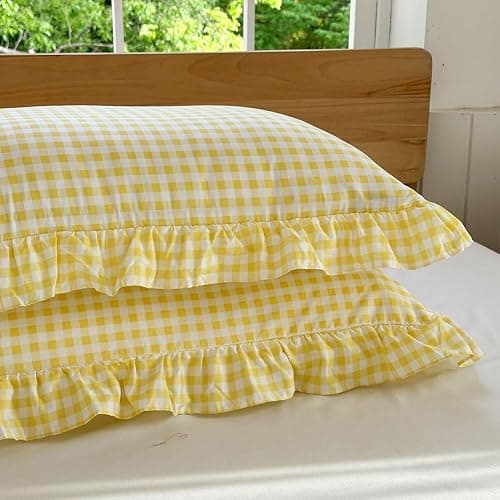 NSNLGSGC Yellow Gingham Ruffle Duvet Cover Twin Size, 2 Pieces Soft Pre-Washed Microfiber Checked Plaid Comforter Cover Set, Vintage Farmhouse Bedding Set(Yellow Gingham, Twin 68"x90") thumbnail 8
