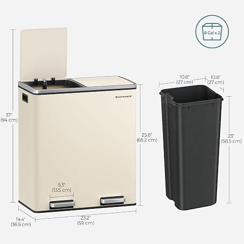 SONGMICS Trash Can, 2 x 8 Gallon (2 x 30 L) Garbage Can for Kitchen, with 15 Trash Bags, 2 Compartments, Plastic Inner Buckets and Hinged Lids, Airtight, Almond Color ULTB201A01 - Almond Color - 2 x 8 Gallon thumbnail 3