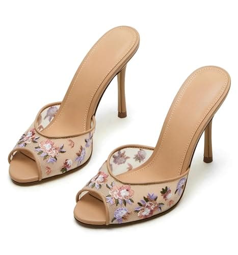 Yishaweiqi Women's Mesh Heeled Sandals Peep Toe Mules Slip on Stiletto High Heels Dress Sexy Slide Sandals - Image 1