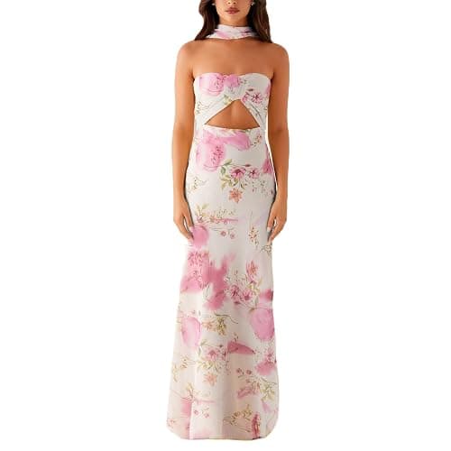 Womens Floral Strapless Maxi Bodycon Dress with Neck Scarf Sexy Cut Out Backless Tie Up Bandeau Tube Dresses - Image 1