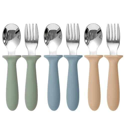 Eascrozn Toddler Utensils, 6 Pack kids Silverware Set with Silicone Handle, 18/8 Stainless Steel Children Safe Forks and Spoons, Dishwasher Safe - Image 1