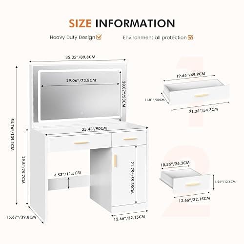 Sweetcrispy Vanity Desk with 35.4" LED Mirror and Lights, Makeup Vanity Table with Charging Station (2AC/USB/C), 2 Drawers & Large Cabinet, 3 Lighting Color Adjustable, Modern Dressing Table, White thumbnail 2