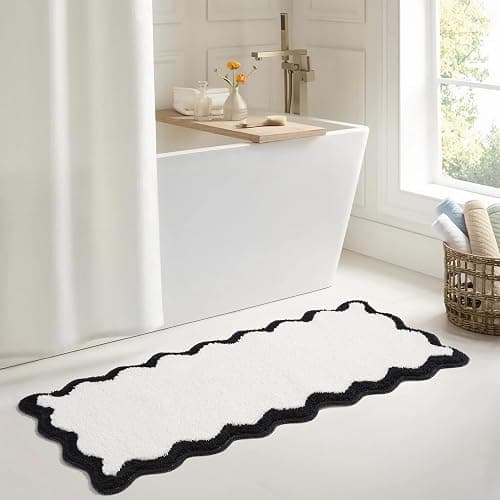 DyeFury Luxury Cute Bathroom Runner Rugs, White Bath Mat W/Black Scalloped Edge, Microfiber Aesthetic Trendy Funky Fun Preppy Rug, Extra Soft Bathroom Mat Non-Slip for Tub, Shower, 47'' x 20'' - Image 1