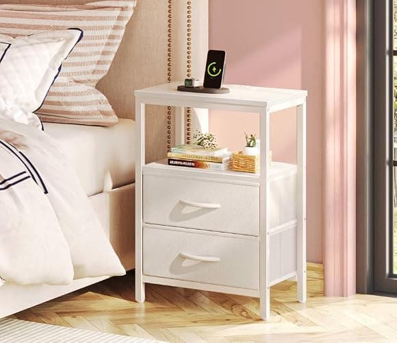Huuger Nightstand with Charging Station, Side Table with 2 Fabric Drawers, End Table with Open Shelf, Bedside Table with USB-C Port and Outlets, Night Stand, PU Leather, White thumbnail 2