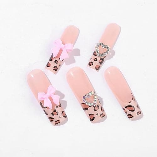 Long Square Press on Nails French Leopard Print Stick on Nails with 3D Bow Love Design Glue on Nails Cute Nude Fake Nails Rhinestone False Nails Glossy Acrylic Nails Full Cover Nails for Women 24Pcs thumbnail 4