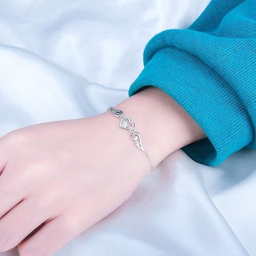 LGSY 925 Sterling Silver Guardian Angel Wings Bracelets for Women, CZ Design Heart Adjustable Chain Bracelets for Jewelry thumbnail 6