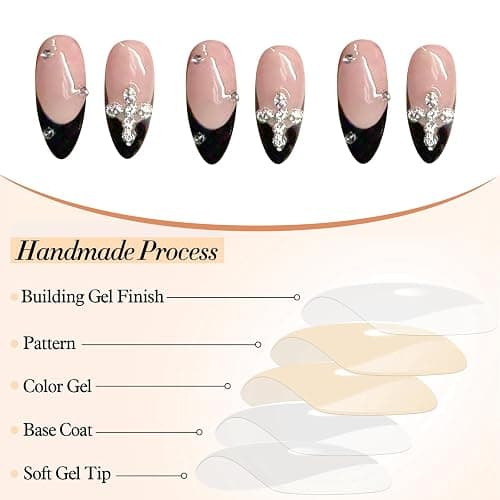 GlamRays 24 Stück Press On Nails Mandel 3D Legierung Kreuz Design Schwarz Französische Spitze Mittel Mit Design Passgenau Acryl Falscher Nagel Set thumbnail 5
