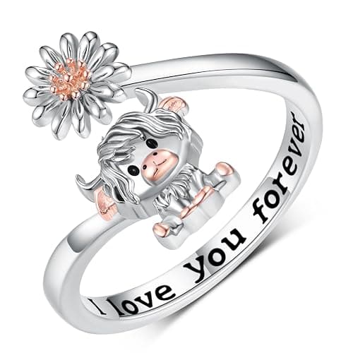 qielizhu Highland Cow Ring 925 Sterling Silver Adjustable Cute Cow/Capybara/Axolotl/Dragon/Panda Open Rings with Daisy Cow Jewelry Gift for Women - Image 1