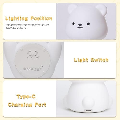 YuanDian Cute Bear Night Light for Kids, Decorate Kids' Bedroom with Silicone Bear Nightlights with 8 Color Lights, Christmas Birthday Gift for Children Toddlers Teens Adults Babies thumbnail 7