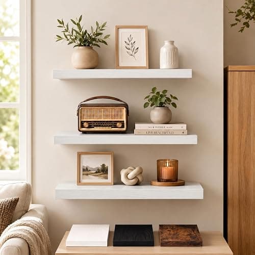 VESTRIAN Floating Shelves for Wall, White Wall Mounted Wood Shelves Set of 3, 16 Inch Rustic Storage Shelves for Bathroom, Bedroom, Living Room, Kitchen Decor, 22 lbs Capacity (White) - Image 1