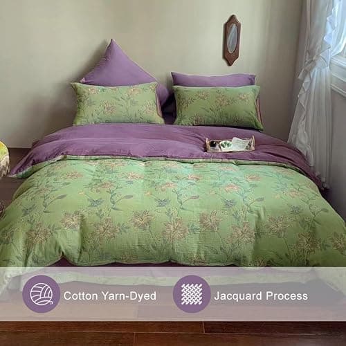 VM VOUGEMARKET Linen Cotton Jacquard Duvet Cover Queen,3 Pcs Yarn-Dyed Textured Duvet Cover Set Green Purple Floral Bedding Breathable, Natural Wrinkled Look-No Comforter thumbnail 4