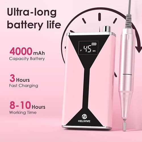 HELIVIVE Professional Electric Nail Drill 45000RPM Cordless Nail File | Portable & Rechargeable, 11 Drill Bits, for Shaping, Polishing & Removing Gel Nails for Salon Home (Pink) thumbnail 3