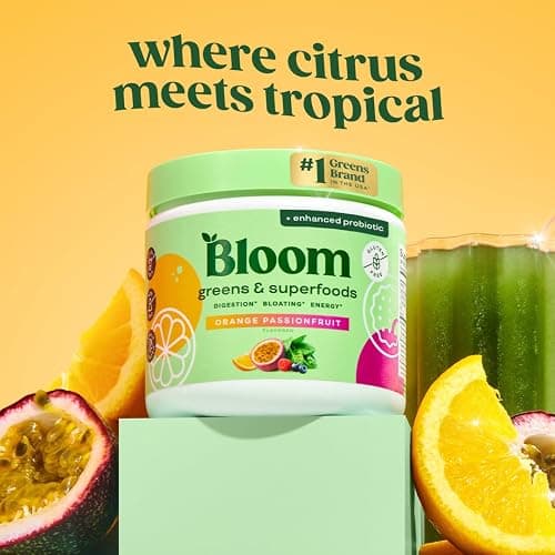 Bloom Nutrition Superfood Greens Powder, Digestive Enzymes with Probiotics and Prebiotics, Gut Health, Bloating Relief for Women, Chlorella, Juice Mix w/Beet Root Powder, 30 SVG, Orange Passionfruit thumbnail 2
