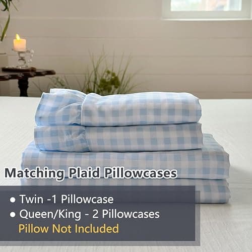 NSNLGSGC Light Blue Gingham Ruffle Queen Sheet Set | Soft Pre-Washed Microfiber, Plaid, 4-Pieces, Farmhouse, Deep Pocket thumbnail 7