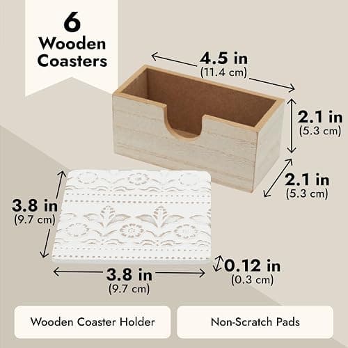 Juvale Wooden Coasters Set of 6-3.8 in, White, Square, Farmhouse Style - Coaster Holder for Coffee Table & Bar Decor - Kitchen & Living Room Decor thumbnail 3