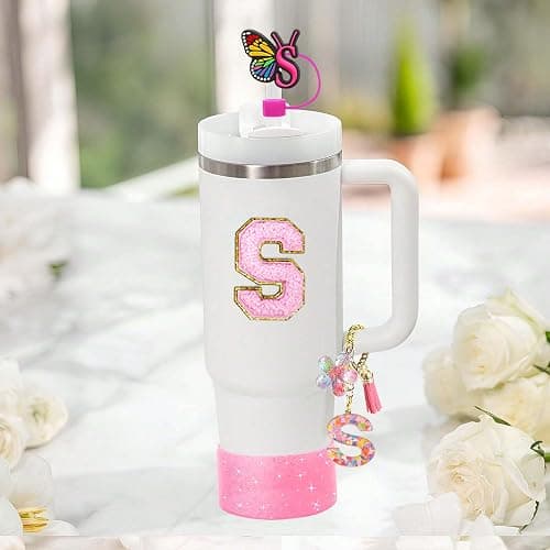 Stanley Cup Accessories Set of 6 PCS, Pink Glitter Letter Theme with Keychain, Butterfly Straw Topper, Silicone Boot, Patch & Cup Decor Kit,Water Bottle Carrier Set (Tumbler Not Included) thumbnail 2