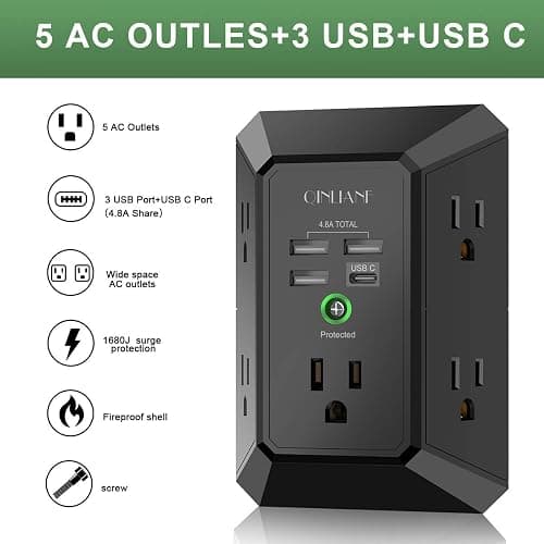 USB Wall Charger, Surge Protector, QINLIANF 5 Outlet Extender with 4 USB Charging Ports (4.8A Total) 3-Sided 1680J Power Strip Multi Plug Outlets Wall Adapter Spaced for Home Travel Office, Black thumbnail 2