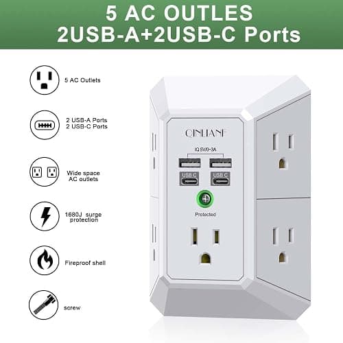 USB Wall Charger, Surge Protector, QINLIANF 5 Outlet Extender with 4 USB Charging Ports(2U2C) 3-Sided 1680J Power Strip Multi Plug Outlets Wall Adapter Spaced for Home Travel Office, White thumbnail 3